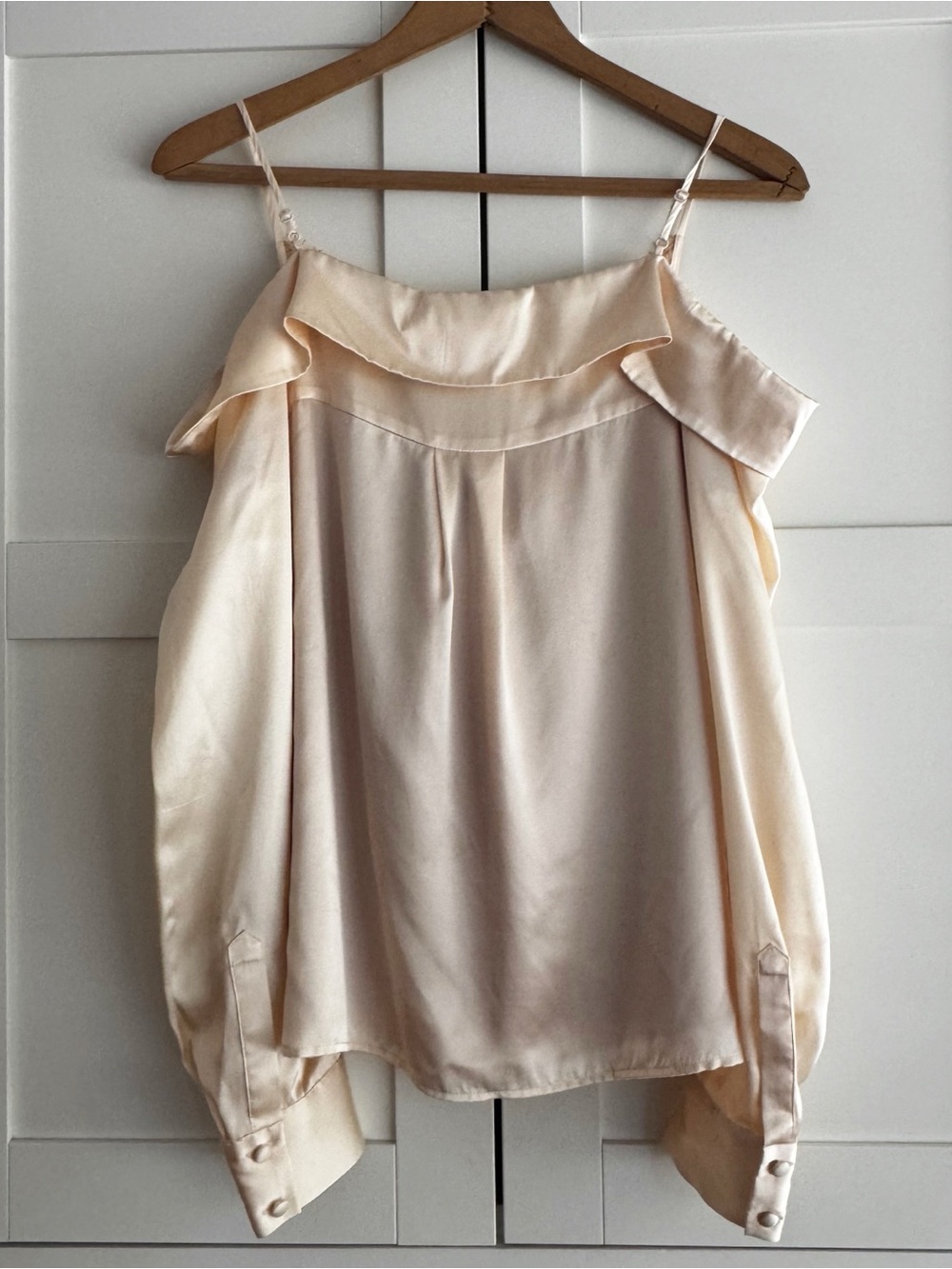 Jonathan Simkhai Caylee Silk Lace Plisse Off Shoulder Button Down Ivory - Picture 6 of 8